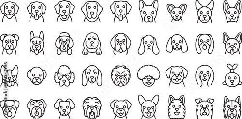 vector Popular Dog Breeds Line Icons – 40 Thin Outline Canine Vector Pictograms