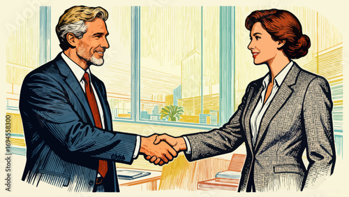Business figures are shaking hands, negotiating cooperation and communicating. Flat vector illustration