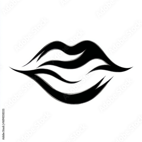 Stylized abstract expressive lips illustration, in black and white, representing beauty, passion, and allure with copy space.