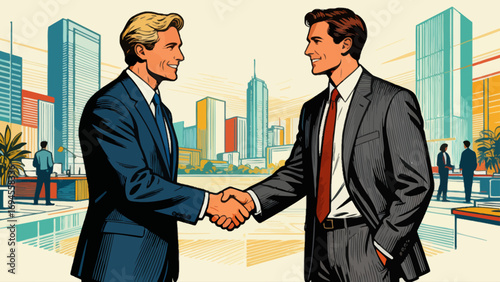 Business figures are shaking hands, negotiating cooperation and communicating. Flat vector illustration