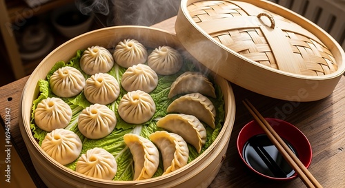 Hot Steaming Dumplings and Buns in Bamboo Steamer with Dipping Sauce