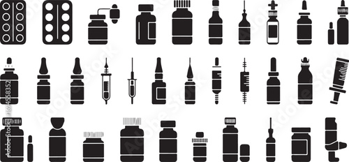 Vector Set Pharmaceutical Containers & Drug Delivery Glyph – 40 Silhouette Icons