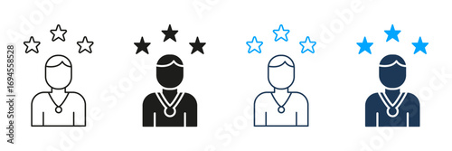 Person With Stars And Medal Line And Solid Icon Set. Achievement, Excellence, And Recognition Symbol Collection. Success And Award Representation. Isolated Vector Illustration