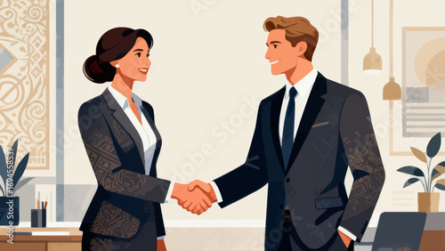Business figures are shaking hands, negotiating cooperation and communicating. Flat vector illustration