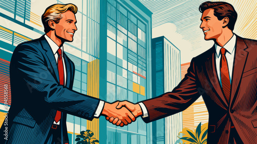 Business figures are shaking hands, negotiating cooperation and communicating. Flat vector illustration
