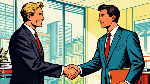 Business figures are shaking hands, negotiating cooperation and communicating. Flat vector illustration