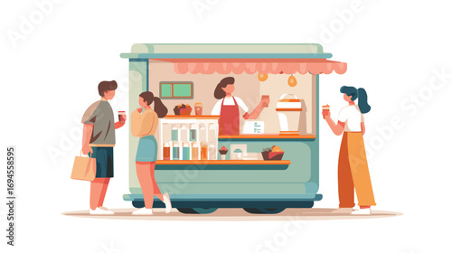 Street food cart, flat vector illustration of outdoor cafe and small business concept