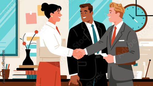 Business figures are shaking hands, negotiating cooperation and communicating. Flat vector illustration