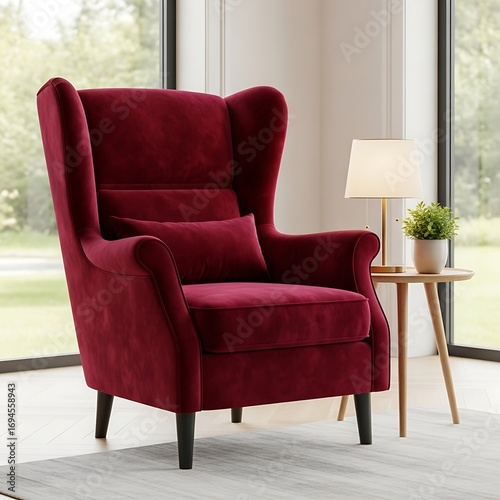 Plush red velvet wingback armchair with a lumbar pillow and a side table