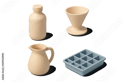 Minimalist kitchen and home essentials set featuring a bottle, coffee dripper, pitcher, and ice cube tray on a clean white background