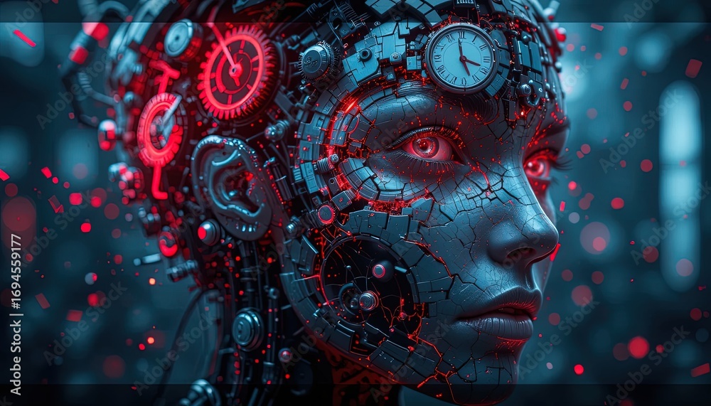 Fototapeta premium A detailed illustration of a futuristic cyborg woman's face, showcasing intricate mechanical components integrated with a cracked, metallic surface.