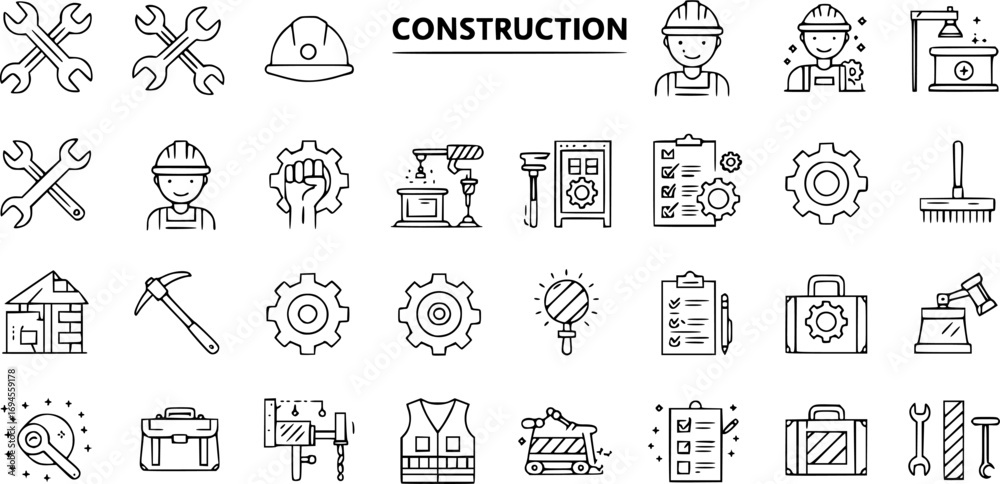 Fototapeta premium Untitled-1A22, construction line icons wrench, helmet, worker, fist, gear, rake, pickaxe, checklist, vest, bag, outline style 