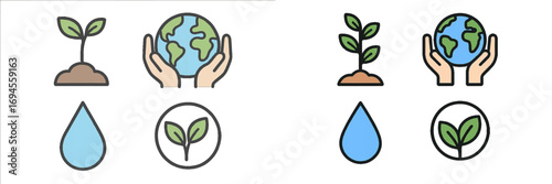 Global environmental protection and sustainability icons featuring earth, plant, and water drop symbols in a clean, modern style for eco-friendly concepts