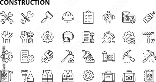 Untitled-1A22, construction line icons wrench, helmet, worker, fist, gear, rake, pickaxe, checklist, vest, bag, outline style
