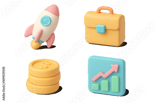 Financial success and business growth symbols including startup rocket, briefcase, money coins, and upward trend chart for market progress and investment