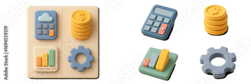 Business finance and data management with calculator money chart gear and cloud storage symbols