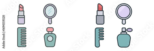 Set of beauty and personal care product icons featuring lipstick, hand mirror, comb, and perfume bottle for cosmetic branding