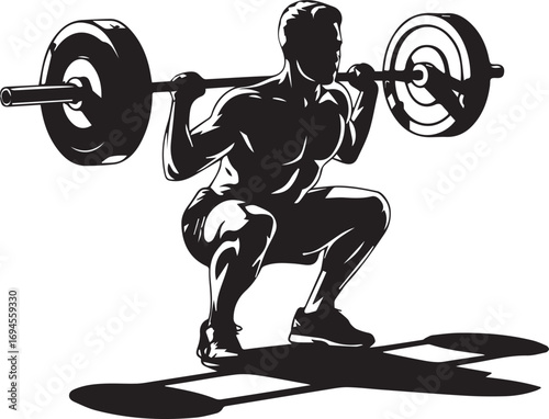 Muscular fitness athlete performing a heavy barbell squat silhouette for training and exercise concepts