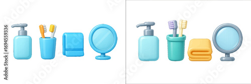Clean and modern bathroom essentials collection featuring soap dispenser, toothbrushes, towel, and mirror for personal hygiene concepts