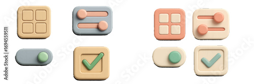 Modern 3D user interface elements in soft pastel colors with toggles, sliders, and grid icons for app and web design projects