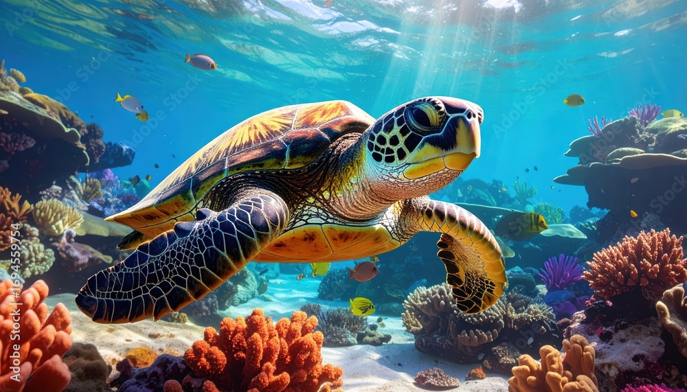 Fototapeta premium A vibrant sea turtle glides gracefully amidst a colorful coral reef, showcasing the brilliant hues of the underwater world.