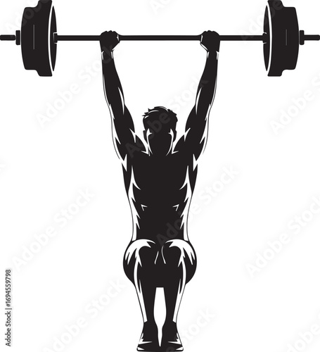 Muscular man silhouette lifting heavy barbell overhead dynamic fitness pose action shot
