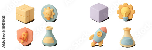 Pastel-colored 3D-style objects symbolizing scientific discovery, innovation, and business growth, including rockets, flasks, and lightbulbs