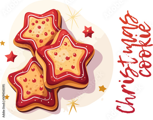 Festive gingerbread star cookies cartoon vector icon isolated on white background. Stack of delicious gingerbread cookies cut into star shapes. The cookies are decorated with red frosting