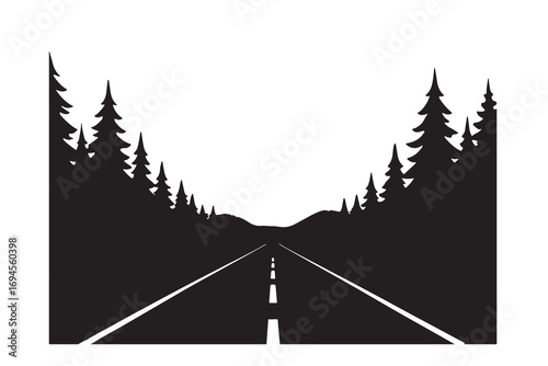 Open Road into Nature: A silhouette of a scenic route framed by lush evergreen trees leads the eye towards a captivating horizon, a symbol of endless possibilities and the allure of adventure.