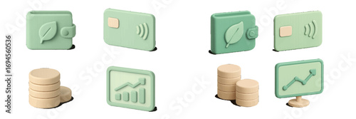 Collection of sustainable finance and digital banking icons featuring eco-friendly wallets, contactless payment cards, and financial growth charts