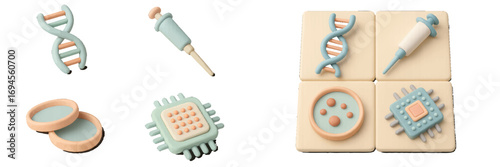 Stylized scientific and technological elements including DNA helix, medical syringe, petri dish, and microchip