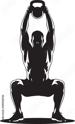 Muscular fitness athlete silhouette performing kettlebell squat emphasizing strength and dedication