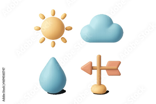Modern 3D weather forecast symbols featuring sun, cloud, raindrop, and wind vane for climate prediction and meteorological applications