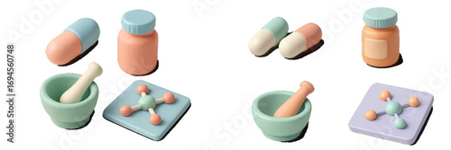 Stylized collection of medical and pharmaceutical items featuring capsules, medicine bottles, mortar and pestle, and molecular structures in soft pastel tones