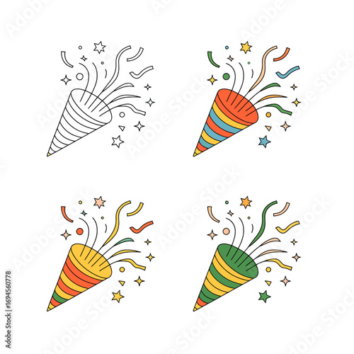 Four Colorful Party Poppers with Confetti and Stars