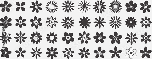 Grid of Black Flower Silhouettes on White Background Keywords: flower, silhouette, icon, floral