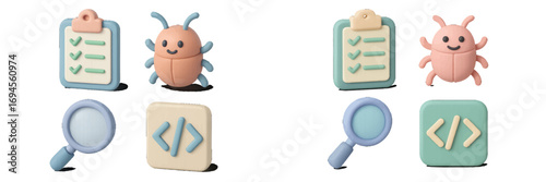 Software development quality assurance debugging and coding process with checklist bug magnifying glass and code tags