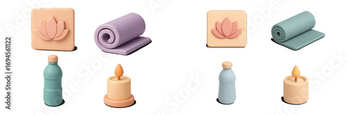 Harmonious collection of wellness and relaxation items: lotus flower, yoga mat, water bottle, and candle for mindful self-care