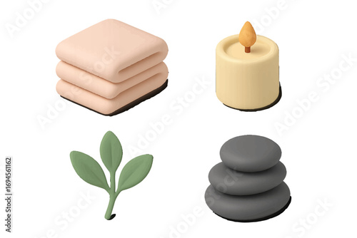 Isometric spa and wellness elements with soft towels, a lit candle, green leaf, and balanced massage stones