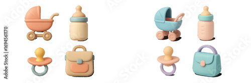 Pastel baby care items collection featuring a stroller, feeding bottle, pacifier, and diaper bag