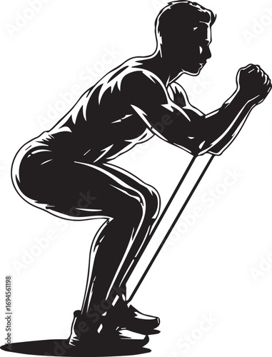 Muscular fitness athlete silhouette performing resistance band squat exercise workout.