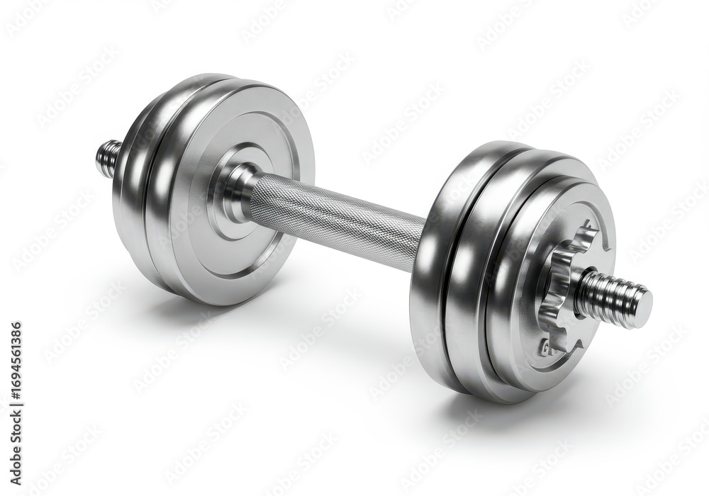 Naklejka premium A chrome dumbbell, rendered with precision, sits elegantly against a simple white background.