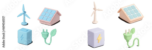 Modern set of clean energy sources and sustainable power solutions featuring wind turbines, solar panels, and eco-friendly electricity symbols