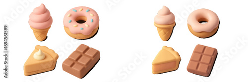 Assortment of sweet desserts including ice cream cone, frosted donut, pumpkin pie slice, and chocolate bar