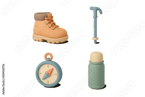 Essential outdoor adventure gear collection featuring hiking boot walking stick compass and thermos for nature exploration and camping activities