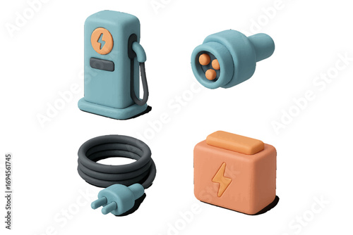 Electric vehicle charging station, power plug, coiled cable, and battery set for sustainable energy solutions