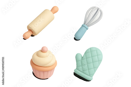 Pastel colored baking tools and sweet cupcake arranged for home kitchen activities and dessert preparation