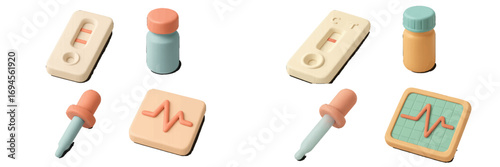 Medical diagnostic tools, rapid test kit showing positive result, dropper, vial, and heart rate monitor display