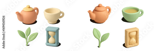 Pastel teapots, tea cups, green leaves, and hourglasses arranged for a relaxing tea time experience