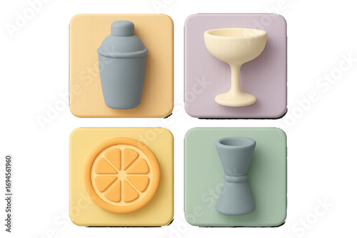 Pastel style cocktail bar tools and drink ingredients including shaker, coupe glass, orange slice, and jigger